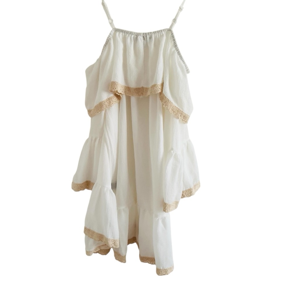 Mirror Image White Ruffled Dress with Tan Trim